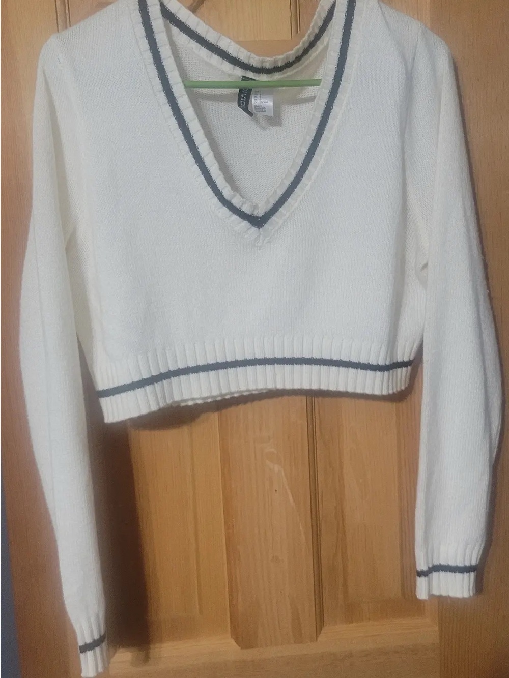 White V-Neck Cropped Sweater with black Trim
